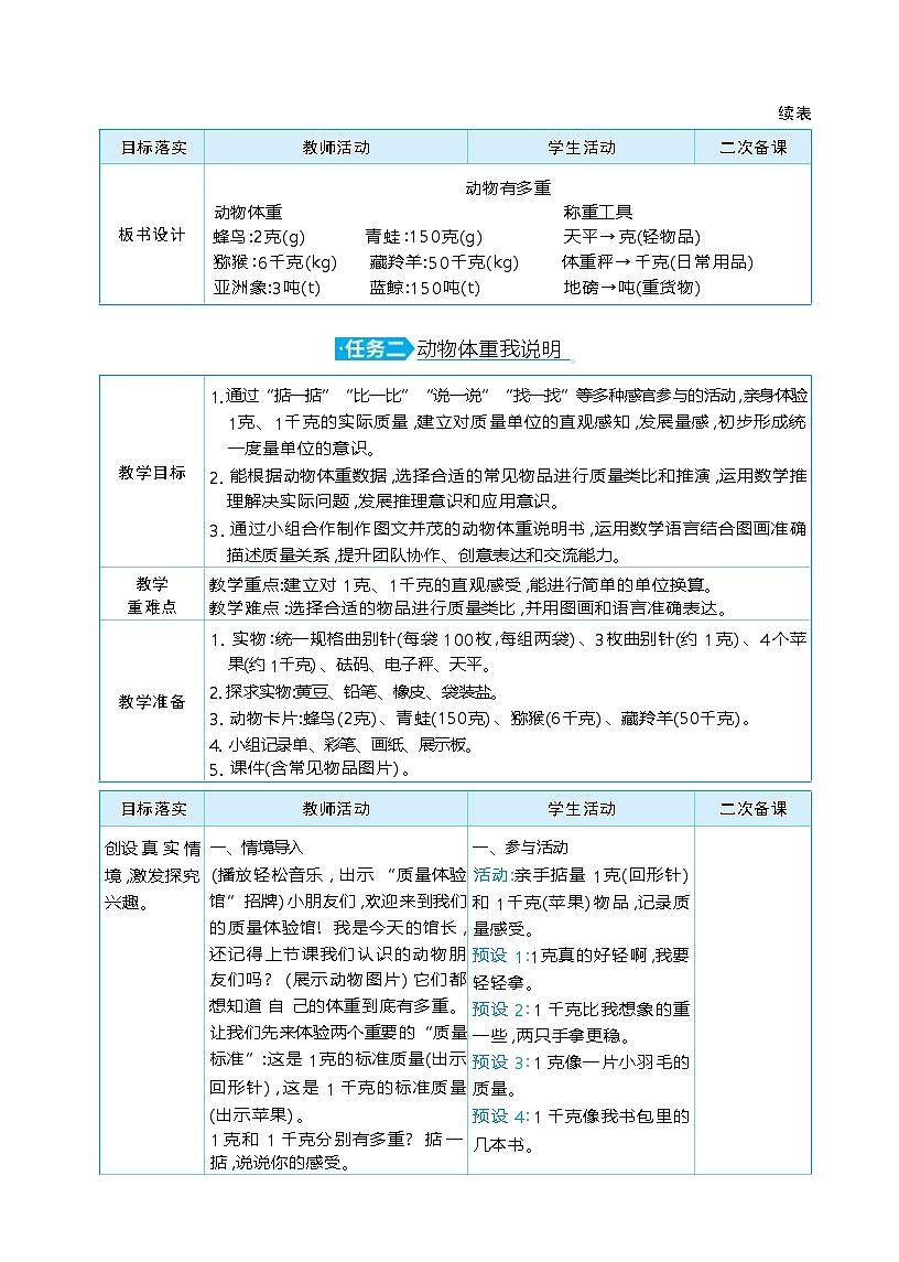 综合实践 制作动物体重”说明书“ 单元整体（教学设计）-2025-2026学年三年级下册数学北师大版（2024）第3页