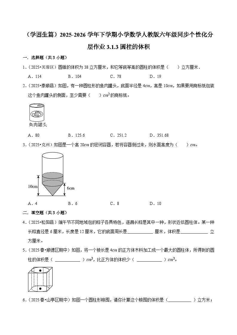 3.1.3圆柱的体积（练习 含解析-学困生）2025-2026学年小学数学六年级下册同步分层 人教版第1页