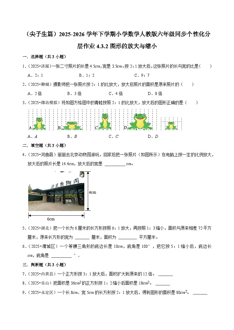 4.3.2图形的放大与缩小（练习 含解析-尖子生）2025-2026学年小学数学六年级下册同步分层 人教版第1页