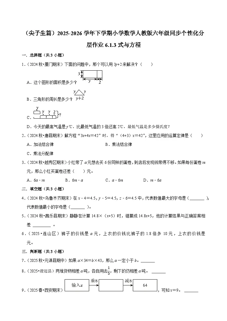 6.1.3式与方程（练习 含解析-尖子生）2025-2026学年小学数学六年级下册同步分层 人教版第1页
