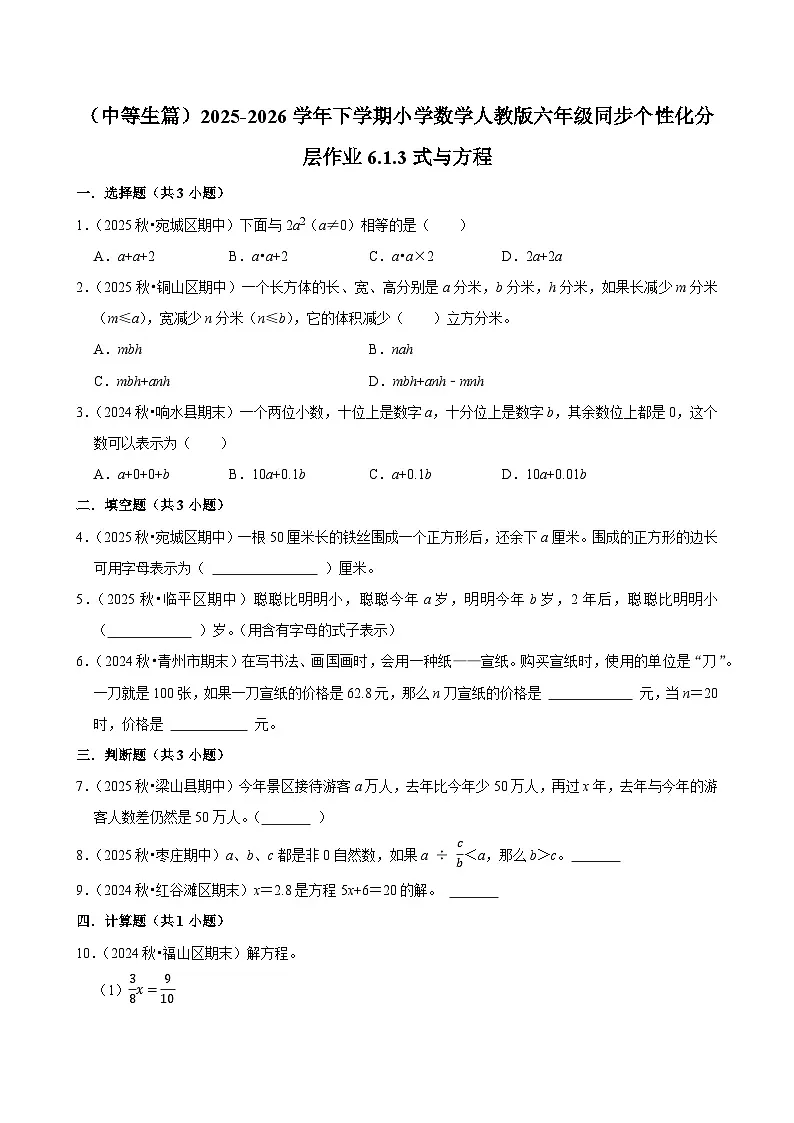 6.1.3式与方程（练习 含解析-中等生）2025-2026学年小学数学六年级下册同步分层 人教版第1页