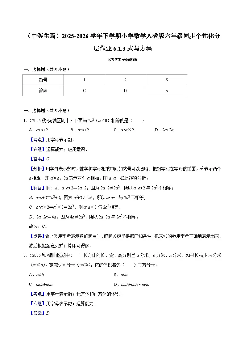 6.1.3式与方程（练习 含解析-中等生）2025-2026学年小学数学六年级下册同步分层 人教版第3页