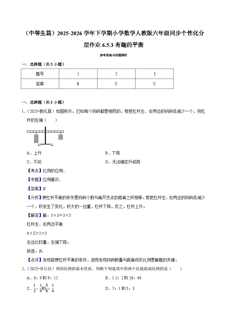 6.5.3有趣的平衡（练习 含解析-中等生）2025-2026学年小学数学六年级下册同步分层 人教版第3页
