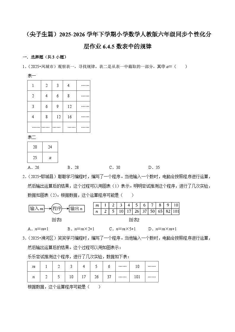 6.4.5数表中的规律（练习 含解析-尖子生）2025-2026学年小学数学六年级下册同步分层 人教版第1页