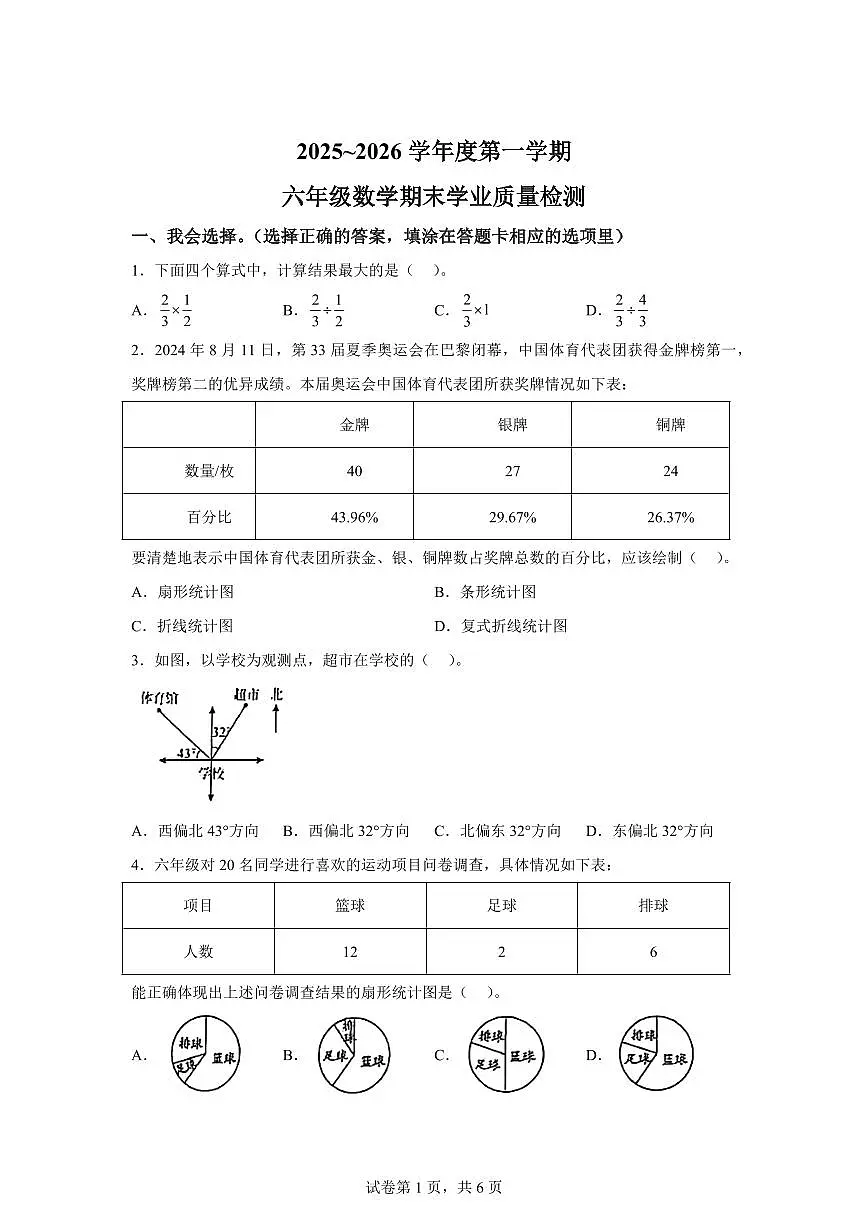 2025~2026学年福建省龙岩市漳平市（人教版）六年级上学期期末测试数学试题（含答案）第1页