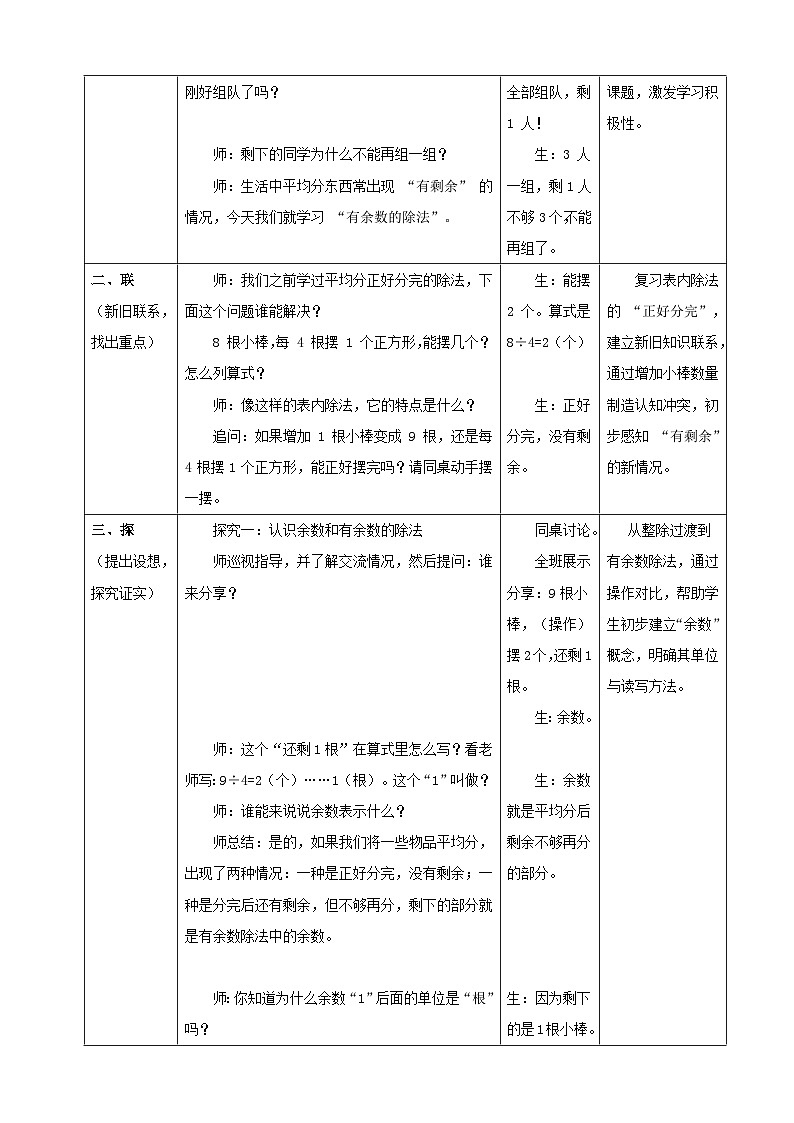 1.1《有余数除法的认识及余数和除数的关系》教案（表格式） 2025-2026学年小学数学二年级下册  人教版第2页