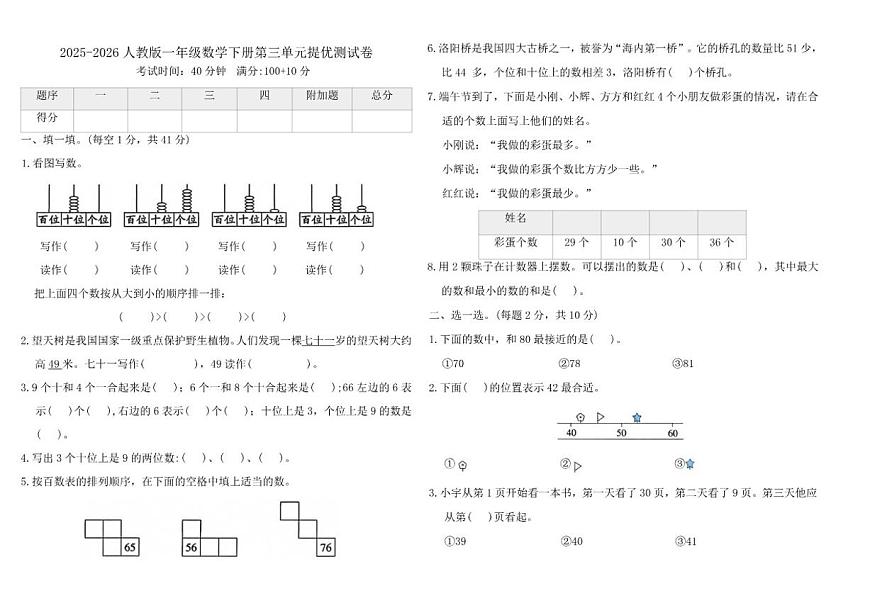 2025-2026学年人教版（2024）一年级数学下册第三单元《100以内数的认识》提优测试卷（含答案）第1页