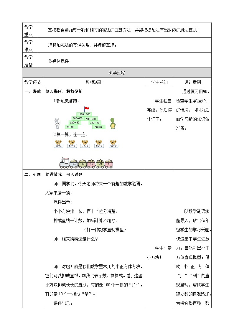 1.2《整百数加整十数和相应的减法》表格式 教案   2025-2026学年小学数学二年级下册  西南大学版第2页