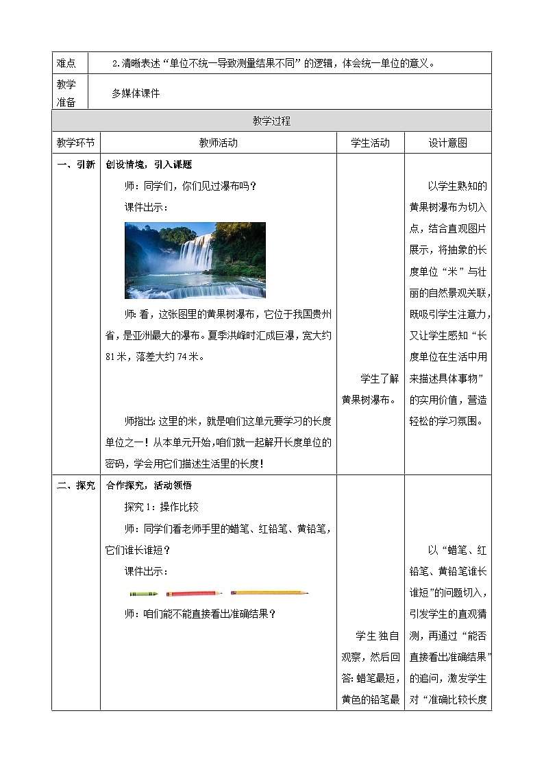 1.1《统一长度单位的必要性》教案（表格式） 2025-2026学年小学数学二年级下册  苏教版第2页