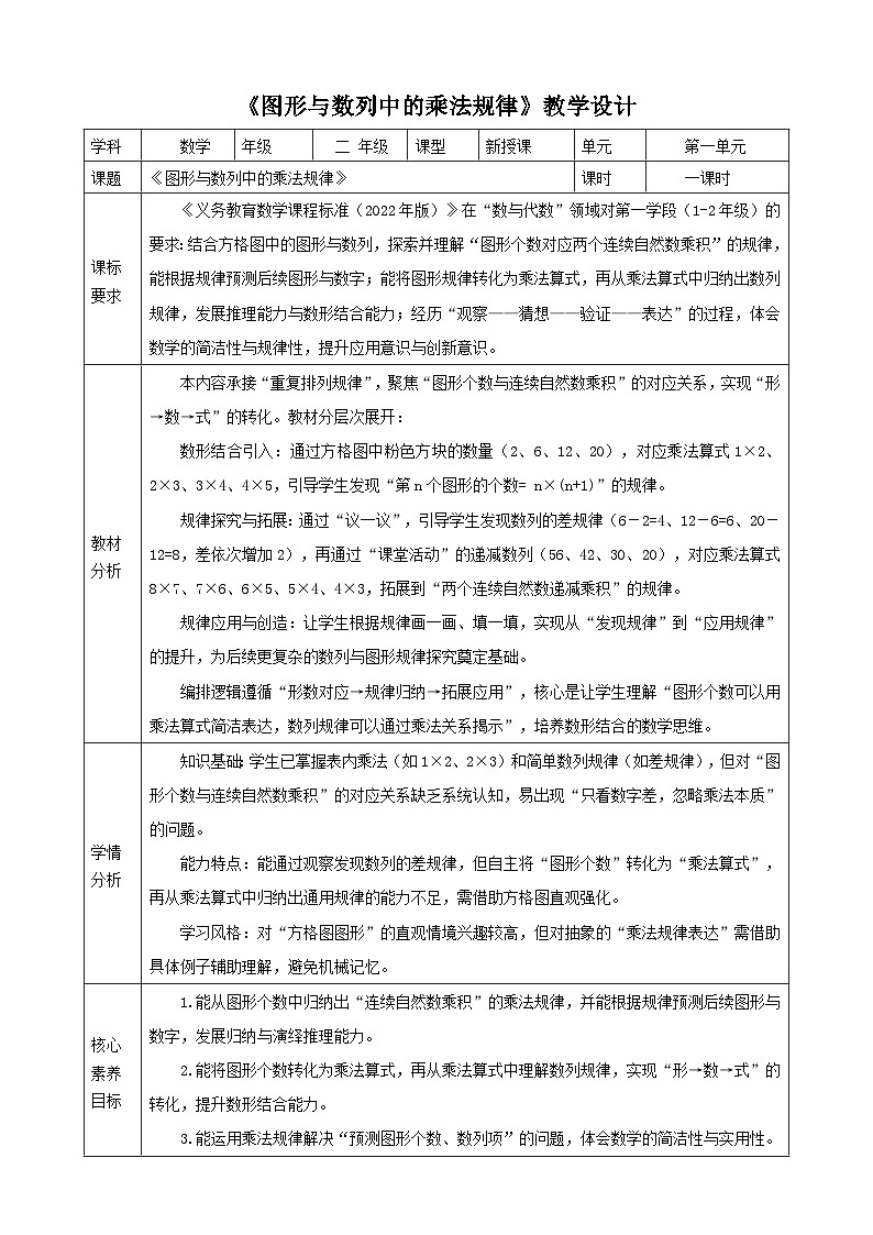 1.10《图形与数列中的乘法规律》表格式 教案   2025-2026学年小学数学二年级下册  西南大学版第1页