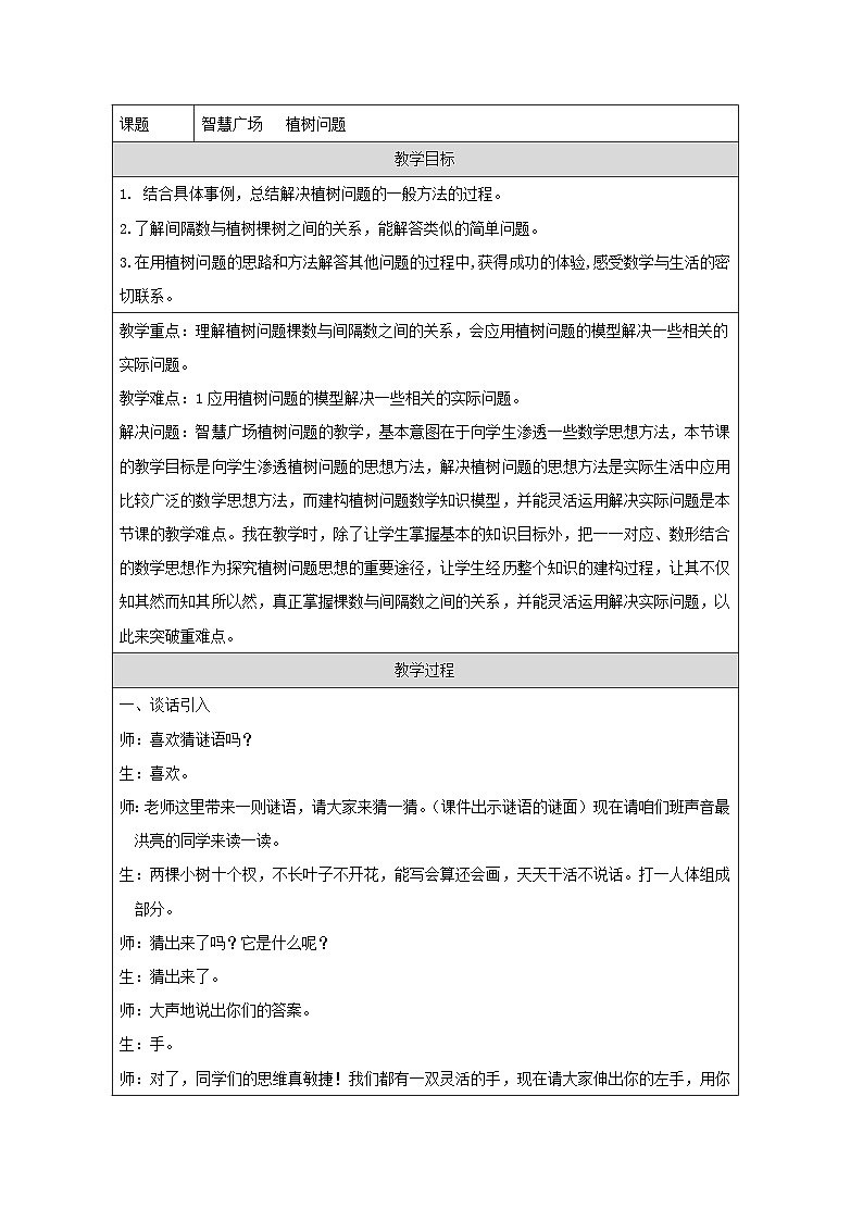 青岛版小学数学四年级下册 智慧广场——植树问题 教学设计（表格式）第1页