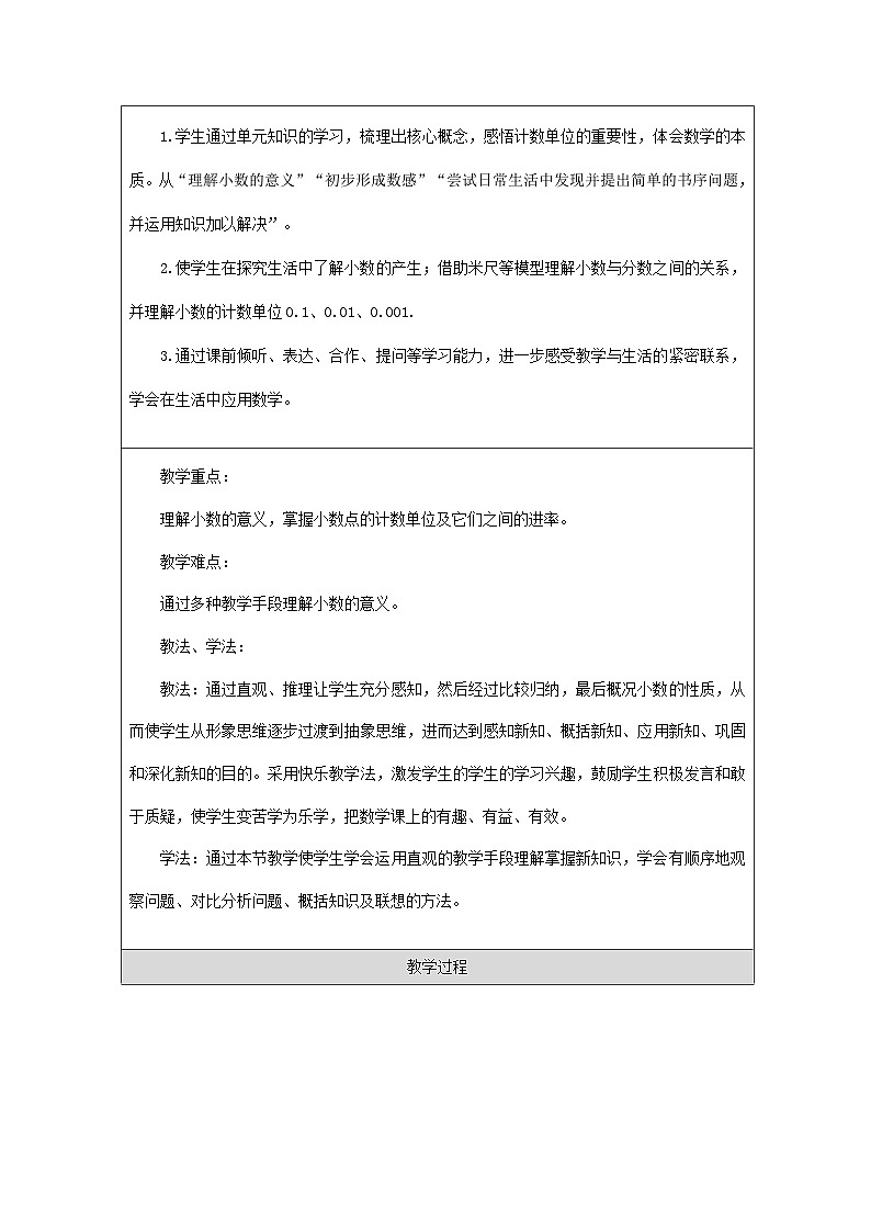 青岛版小学数学四年级下册 小数的意义【教学设计】（表格式）第2页
