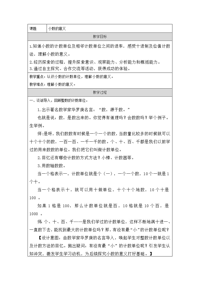 青岛版小学数学四年级下册 小数的意义【教案】（表格式）第1页