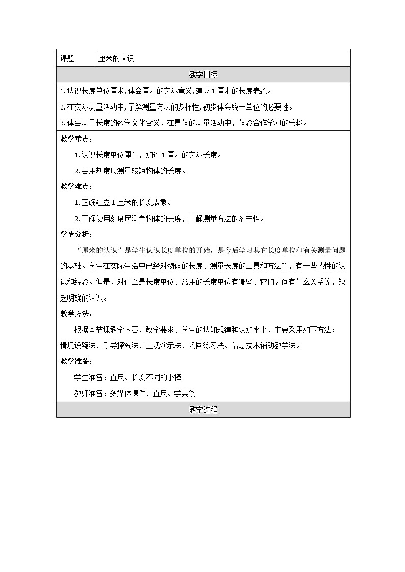 青岛版小学数学二年级上册 厘米的认识【教案】（表格式）第1页