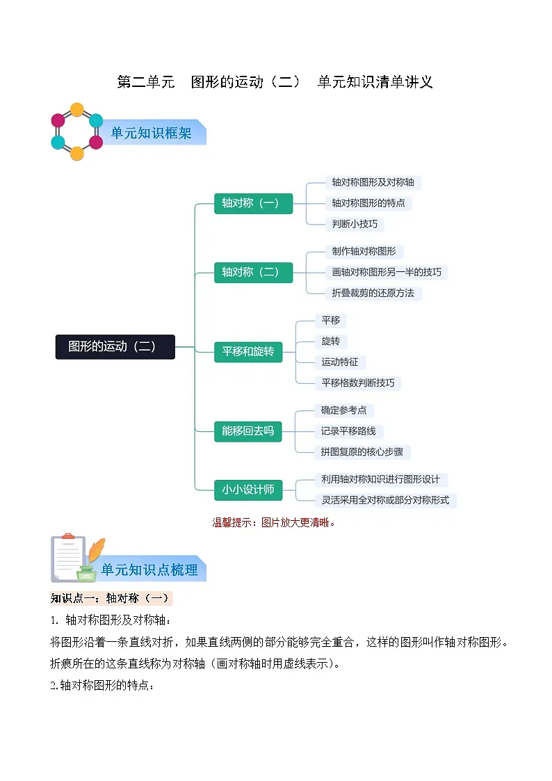 第二单元 图形的运动（二）（知识清单）数学北师大版三年级下册(新教材)（原卷版）第1页