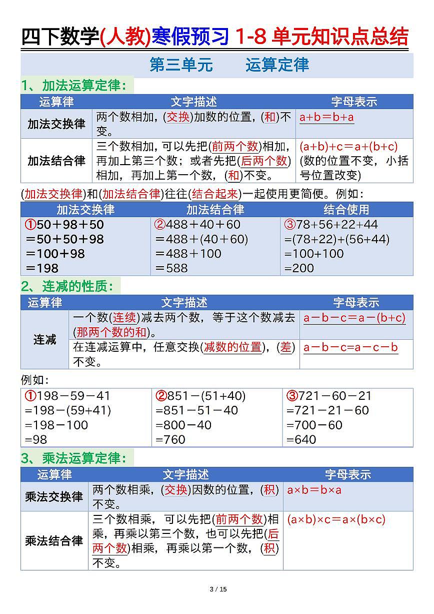人教版四年级数学下册寒假预习1-8单元知识点总结】学案第3页