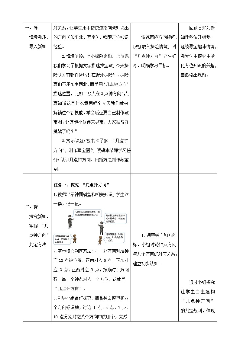 神秘的宝藏4《了解“几点钟方向”，制作藏宝图》表格式教案 -2025-2026学年三年级下册数学西南大学版第2页