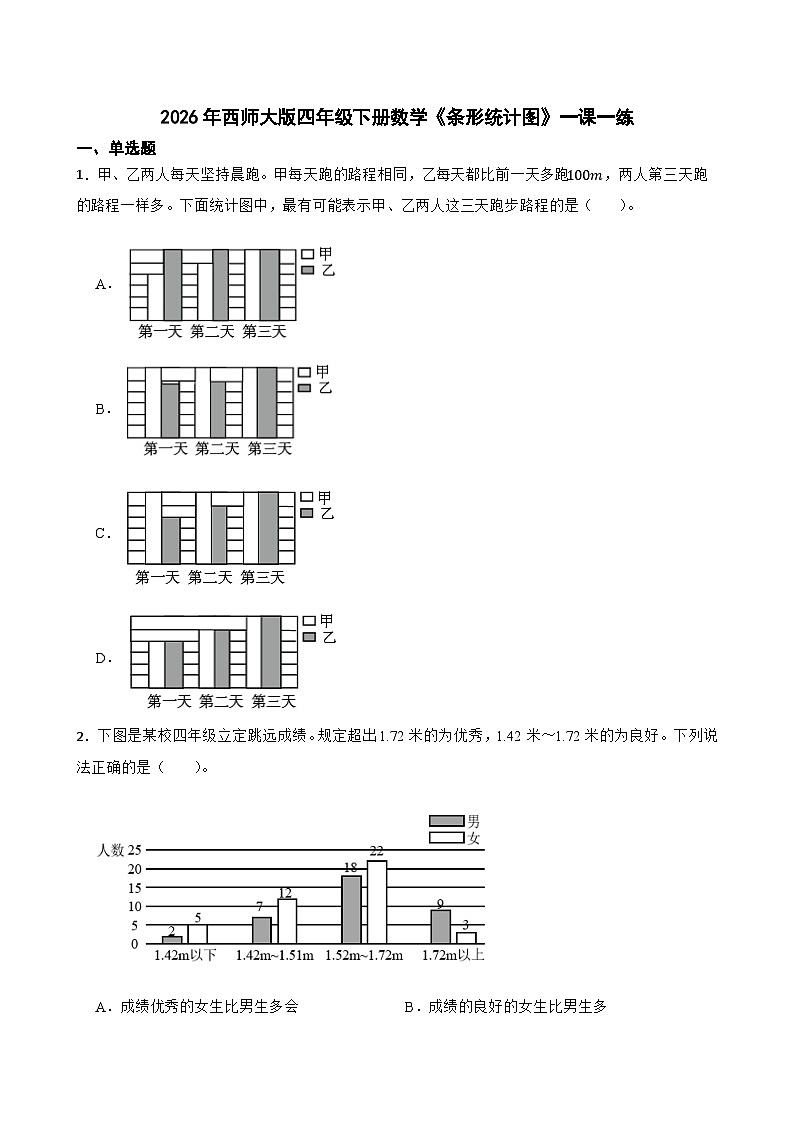 2026年西师大版四年级下册数学《条形统计图》一课一练 (含答案)第1页