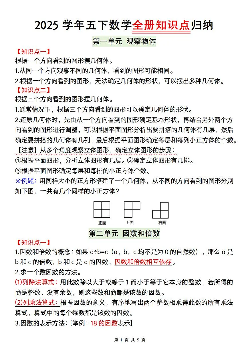 人教版五年级数学下册【2025学年-全册知识点归纳】 学案第1页
