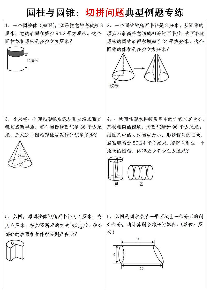 人教版六年级数学下册【圆柱与圆锥典型例题专练】练习及答案第1页