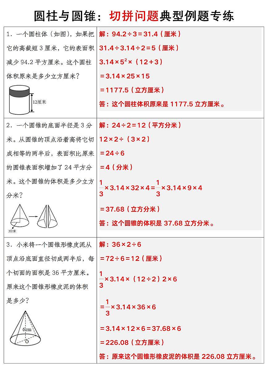 人教版六年级数学下册【圆柱与圆锥典型例题专练】练习及答案第2页