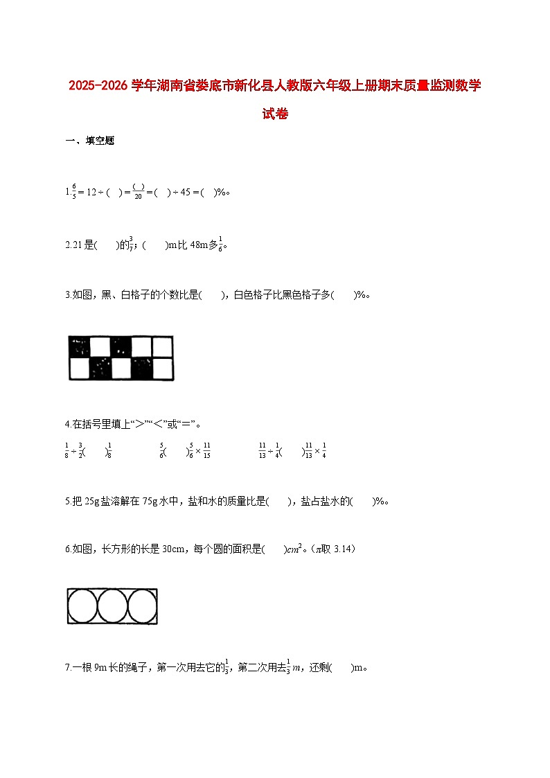 2025_2026学年湖南省娄底市新化县人教版六年级上学期期末数学试题 [含答案]第1页