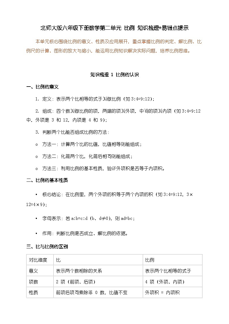 北师大版六年级下册数学第二单元《比例》知识梳理+易错提示第1页