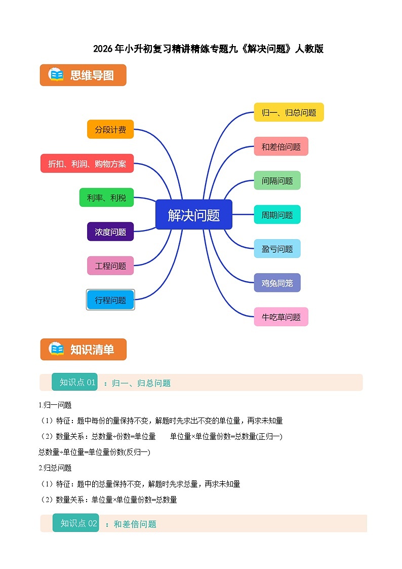 2026年小升初数学复习精讲精练专题九《解决问题》人教版（有答案）第1页