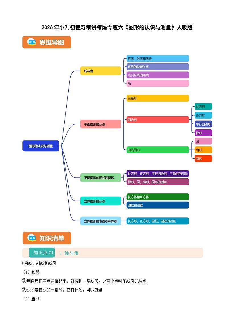 2026年小升初数学复习精讲精练专题六《图形的认识与测量》人教版（有答案）第1页