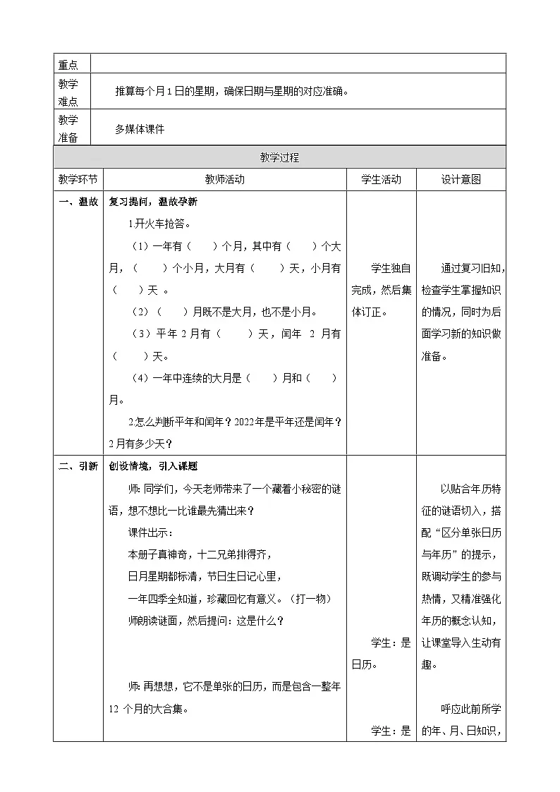 年、月、日的秘密4《制作年历》教案表格式 2025-2026学年苏教版小学数学三年级下册第2页