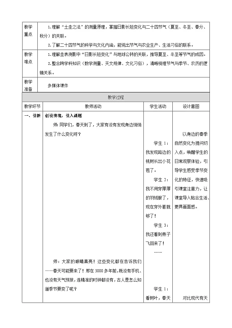 年、月、日的秘密3《土圭之法与二十四节气》教案表格式 2025-2026学年苏教版小学数学三年级下册第2页