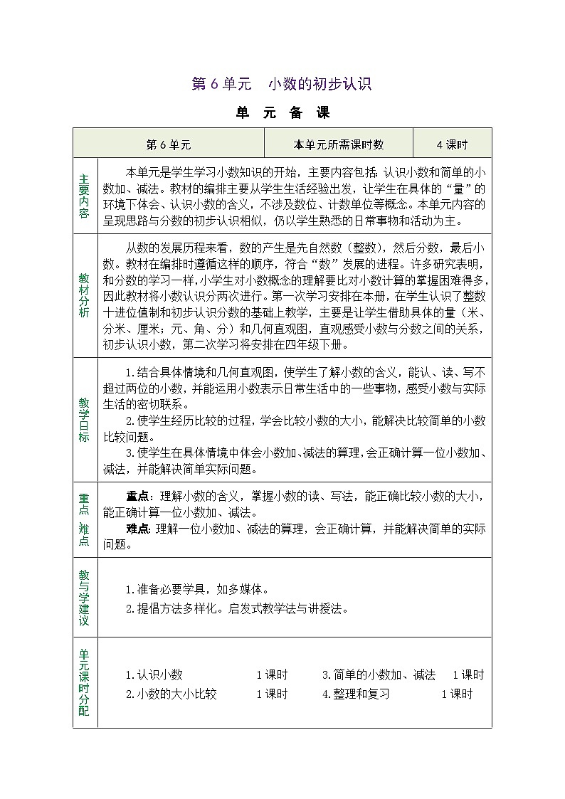 2026春人教版数学三年级下册第六单元综合小数的初步认识 单元备课教案（表格式）第1页