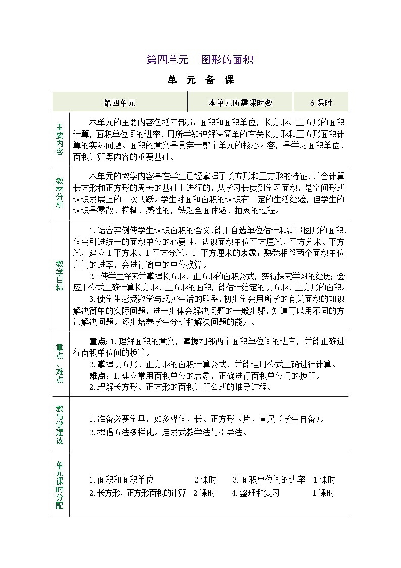2026春人教版数学三年级下册第四单元综合图形的面积 单元备课教案（表格式）第1页