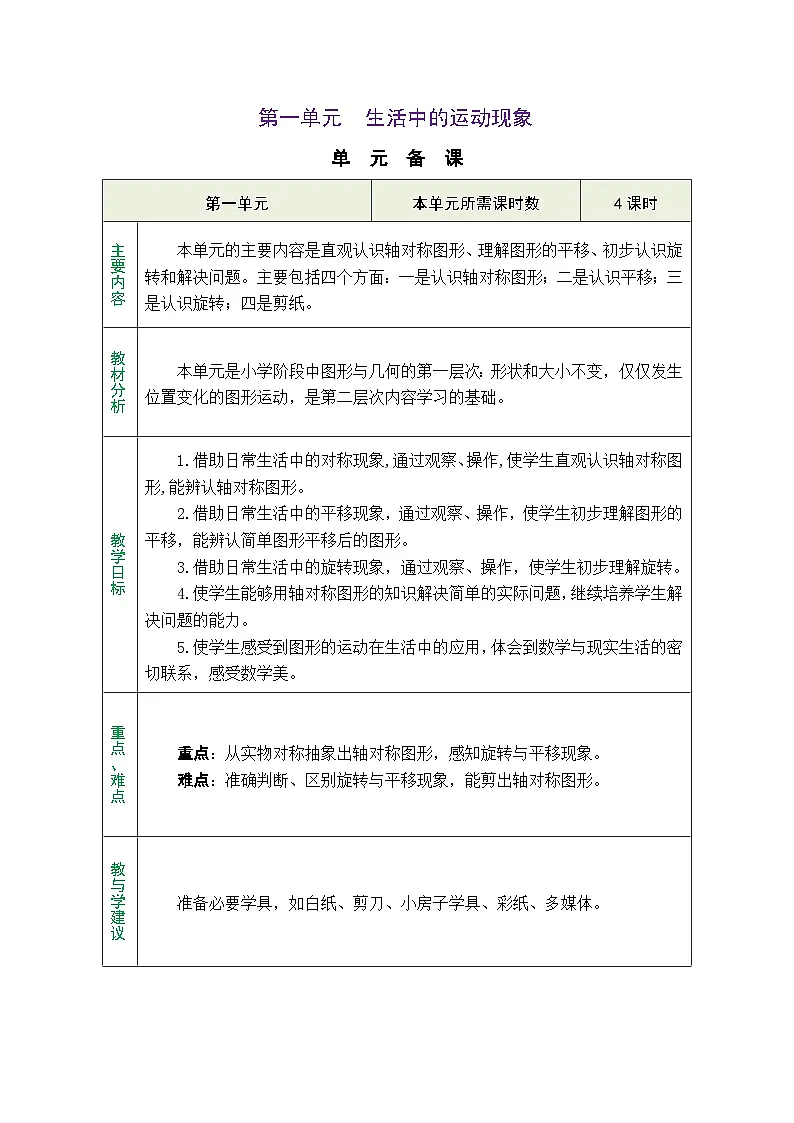 2026春人教版数学三年级下册第一单元综合生活中的运动现象 单元备课教案（表格式）第1页