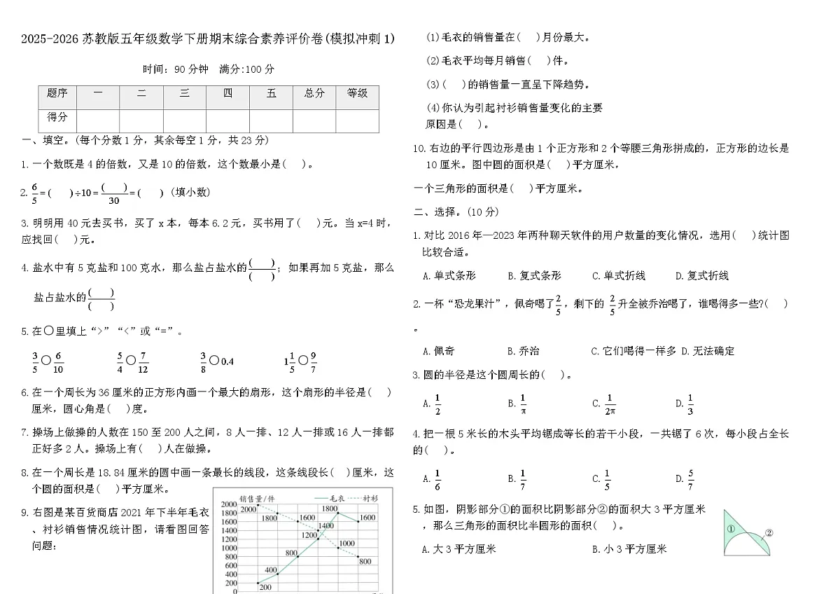 2025-2026苏教版五年级数学下册期末综合素养评价卷(模拟冲刺1)（含答案）第1页