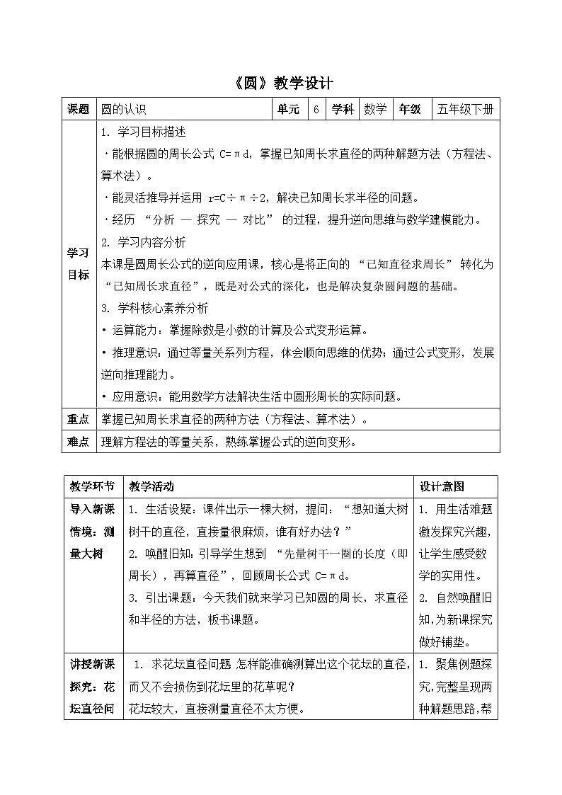 苏教版数学五年级下册6.4《圆的周长（二）》教案.docx第1页