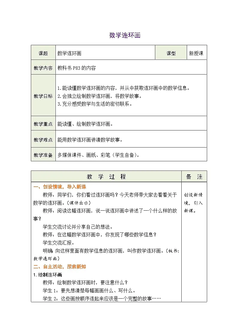 人教版2024小学数学二下第四单元《数学连环画——连环画分享会》表格式教案第1页