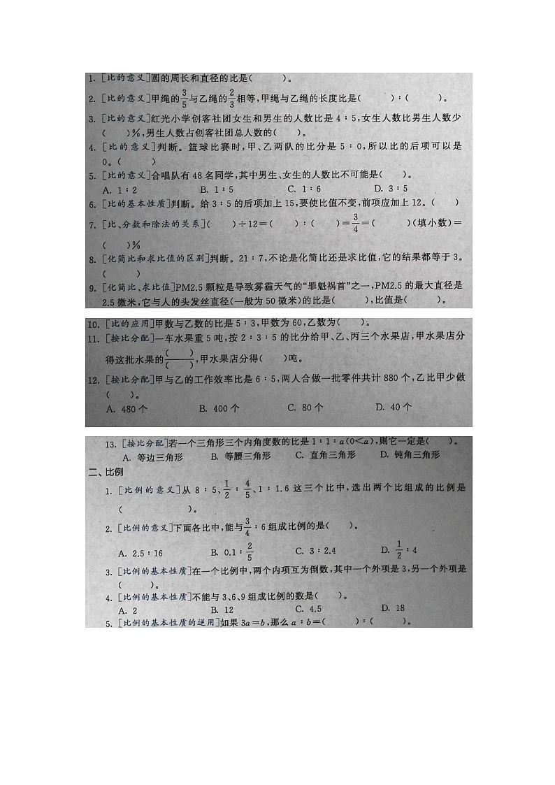 数学小升初总复习 重点专题训练 比与比例 通用版第1页