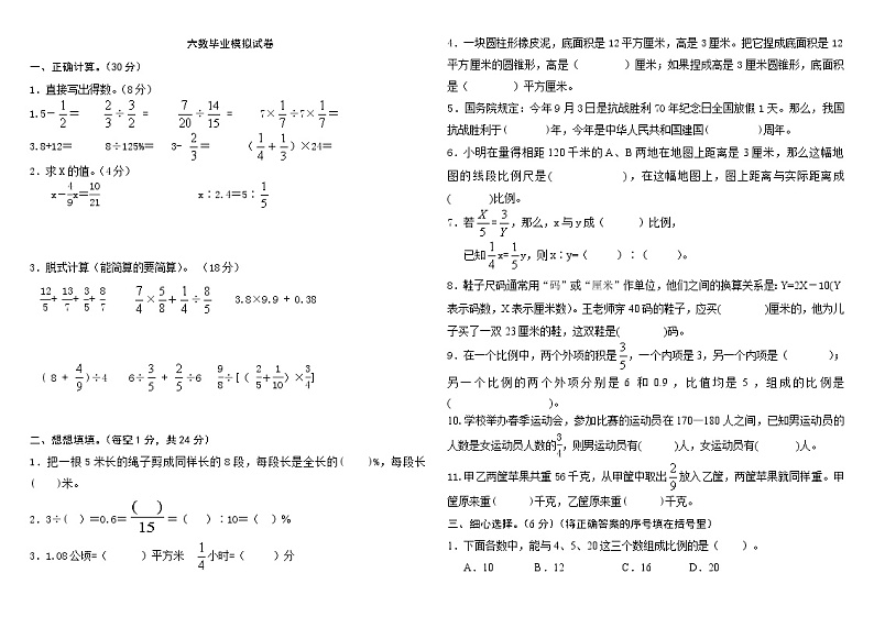 苏教版小学数学六年级下册小升初毕业模拟卷 (10)01