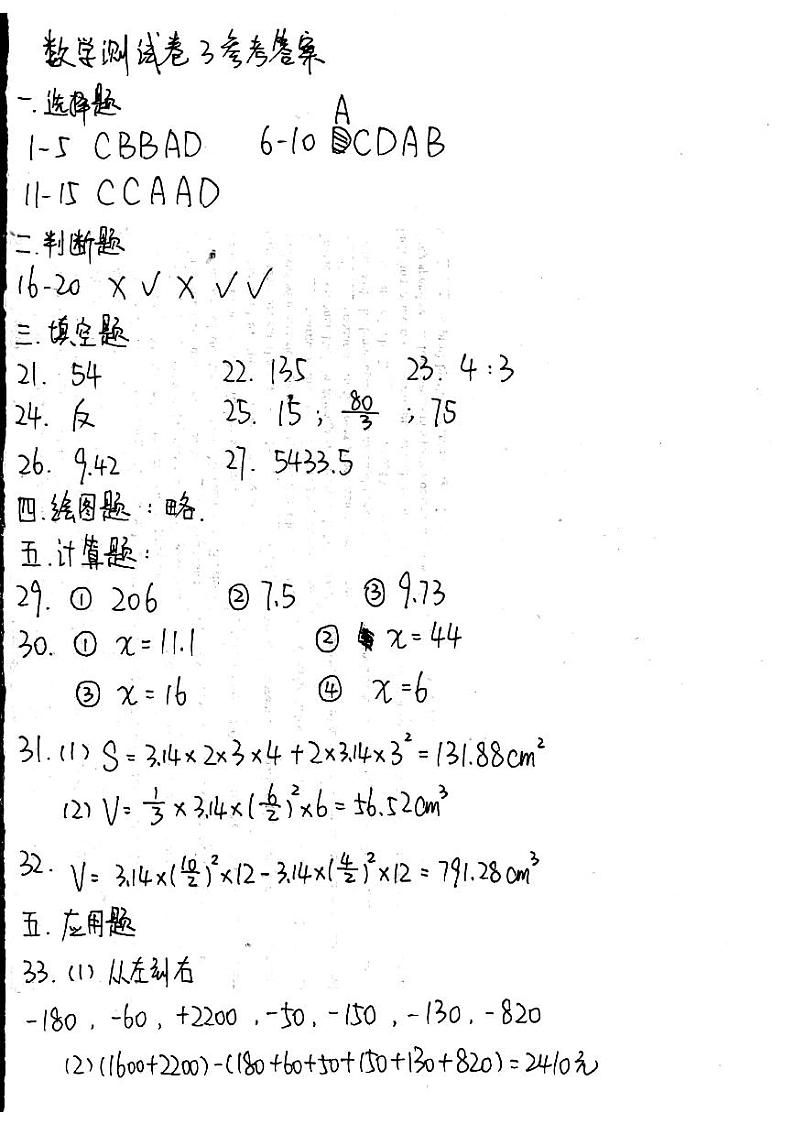 人教版小学数学六年级下册期末测试1-11答案部分03