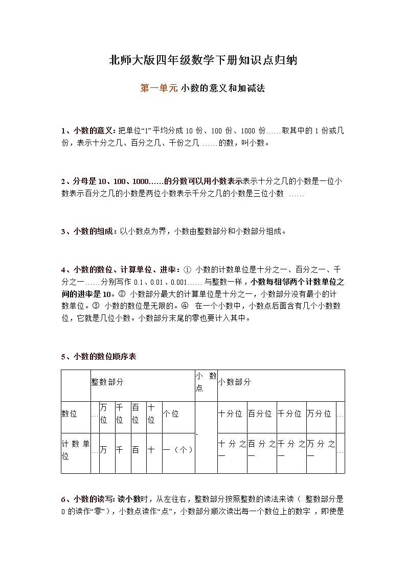 北师大版小学四年级数学下册全册知识点归纳第1页