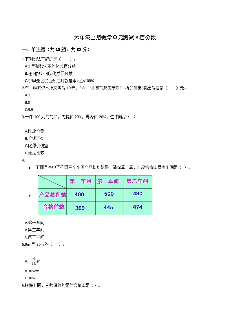 六年级上册数学单元测试-3.百分数 冀教版 （含答案）01