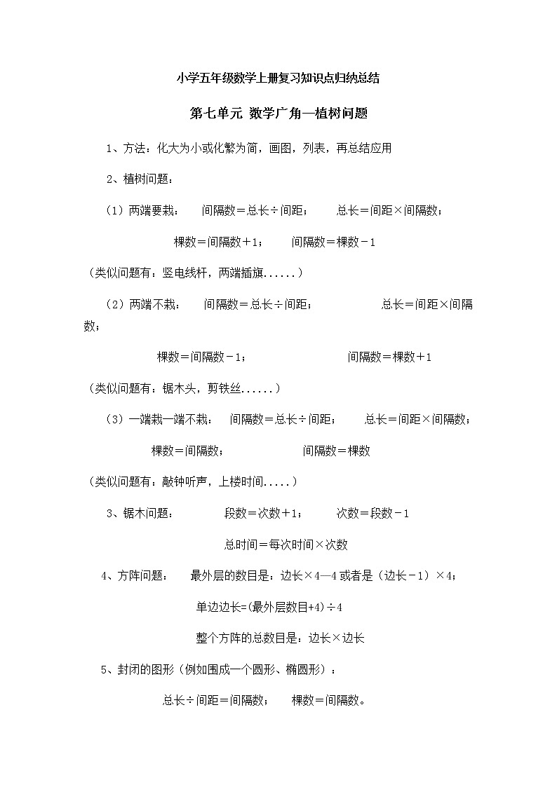 人教版小学五年级数学上册第七单元《数学广角---植树问题》知识点归纳总结01