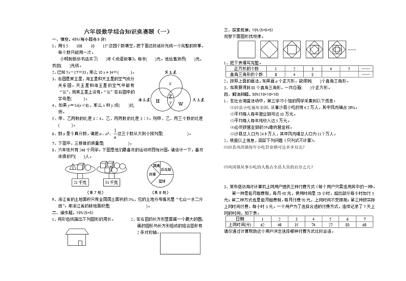 1.六年级数学综合知识竞赛题（一）第1页