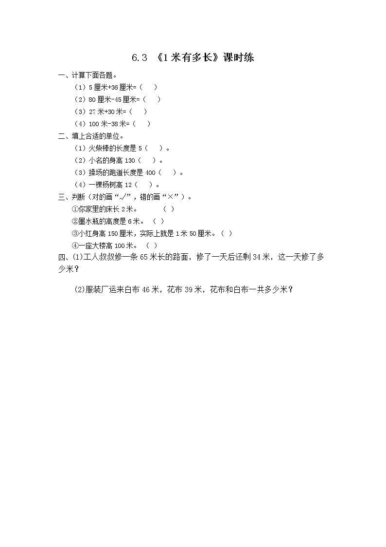 6.3 1米有多长  课时练01