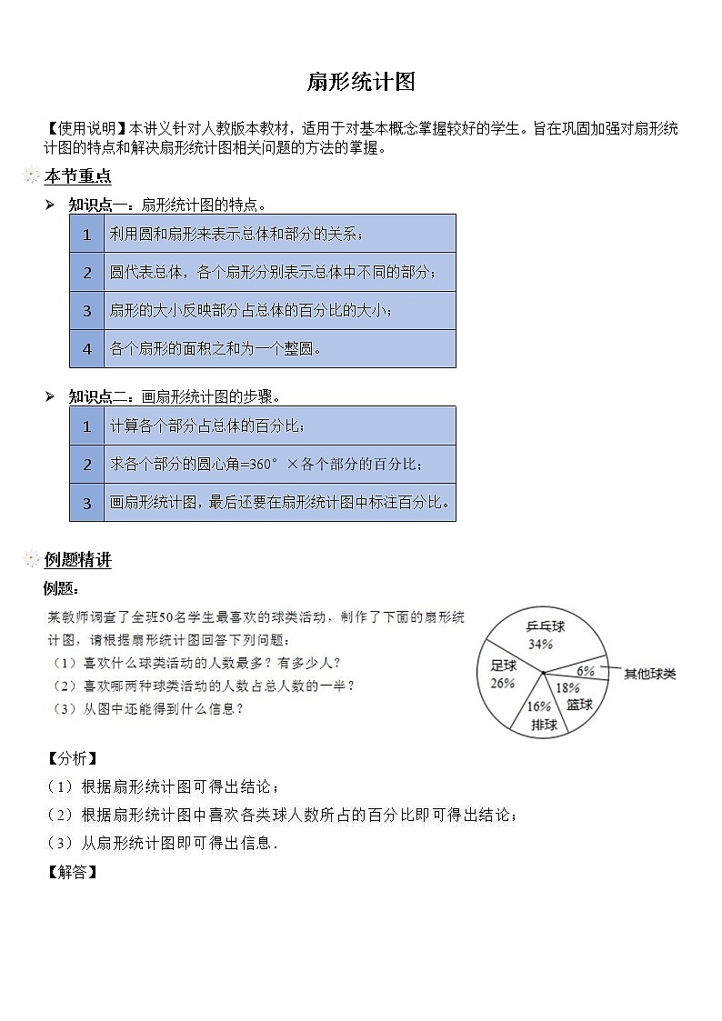 【精品讲义】六年级上册数学试题-同步拓展讲练08：扇形统计图（解析版）人教版01