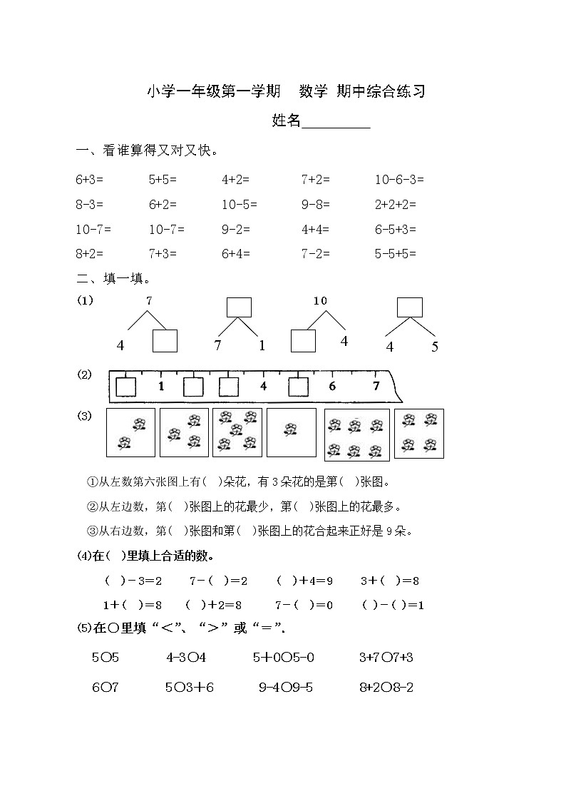 苏教版一上数学期中综合练习01