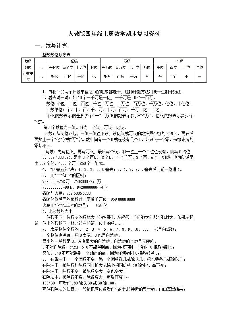 人教版四年级上册数学期末复习资料第1页