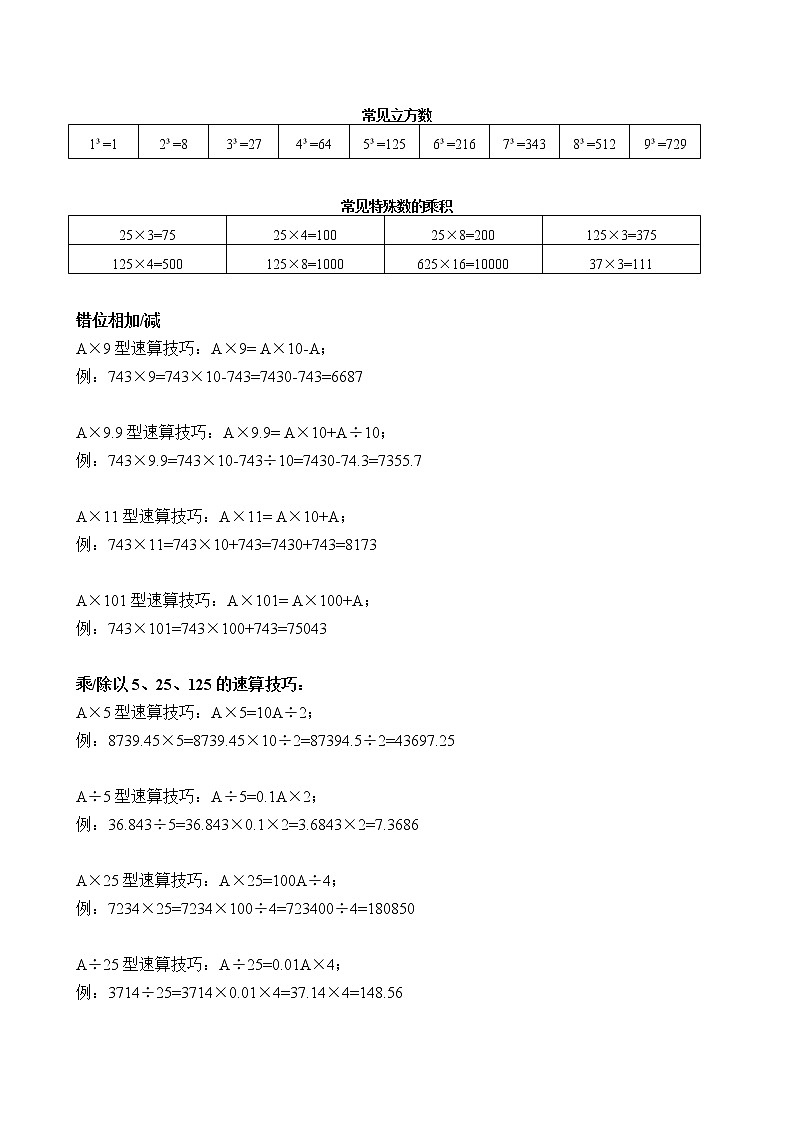 常见的分数、小数及百分数的互化,常用平方数、立方数及各种计算方法归纳文件第3页