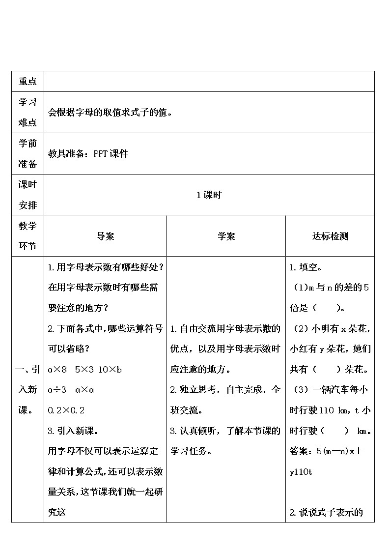 【精品导学案】人教版 五年级上册数学 第5单元 简易方程  5.1.2用含有字母的式子表示复杂的数量关系（第3课时）02